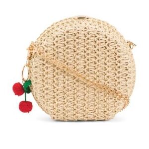 🍒🔹️Alessia Bianchi 🔹️Elegant Woven Crossbody Bag with Red Cherry  Pom Pom